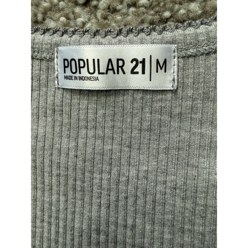 Gray Rib Knit Henley Tee Women's Medium Preppy Classic Y2K Minimalist - Picture 3 of 5